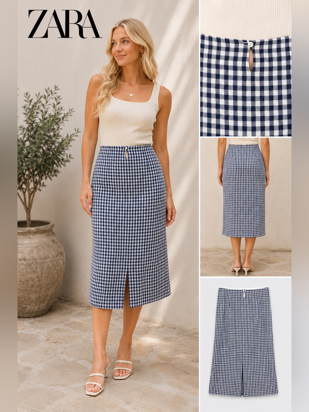 Zara Navy White Gingham Midi Skirt Womens US M Cottagecore Preppy